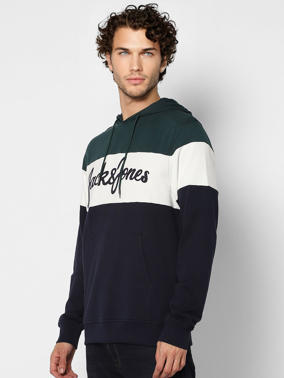Blue Colourblocked Logo Print Hooded Sweatshirt