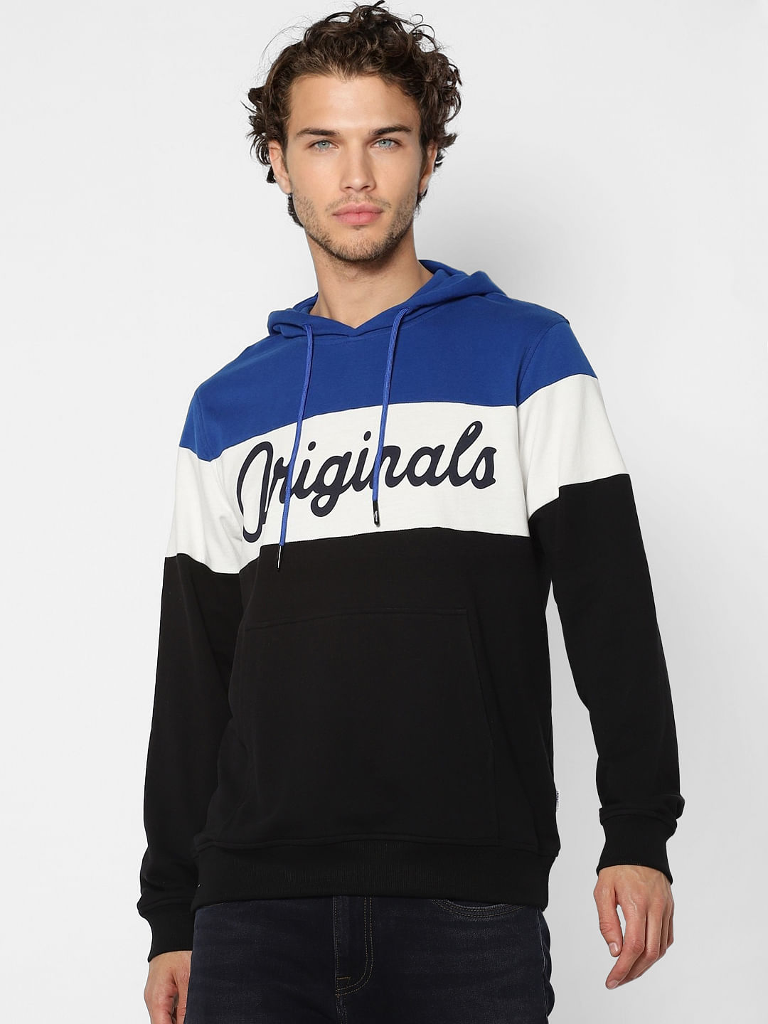 Blue Colourblocked Hooded Sweatshirt