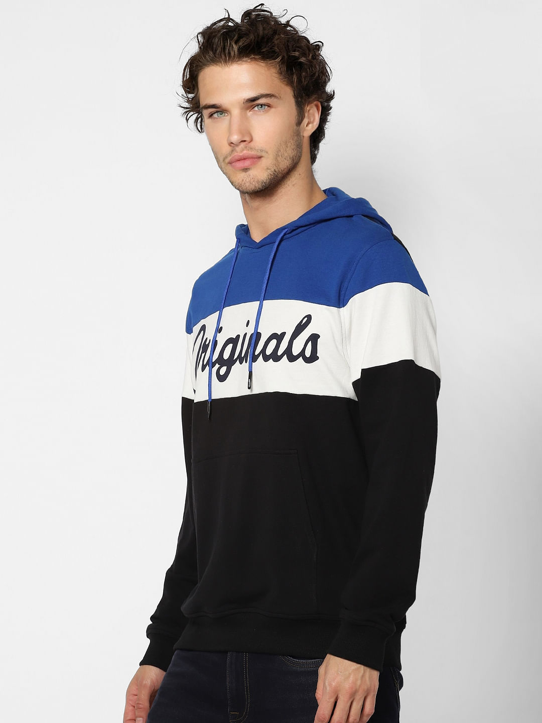 Blue Colourblocked Hooded Sweatshirt
