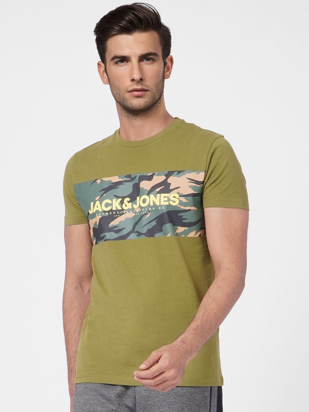 Green Camo Print Crew Neck T-shirt