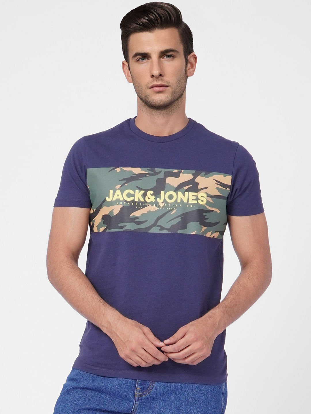 Blue Camo Print Crew Neck T-shirt