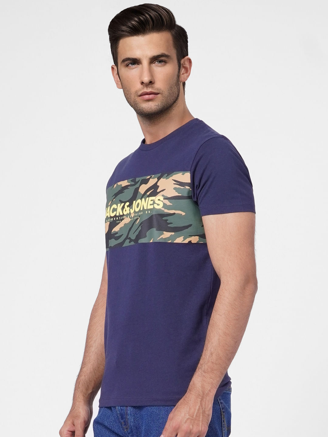 Blue Camo Print Crew Neck T-shirt