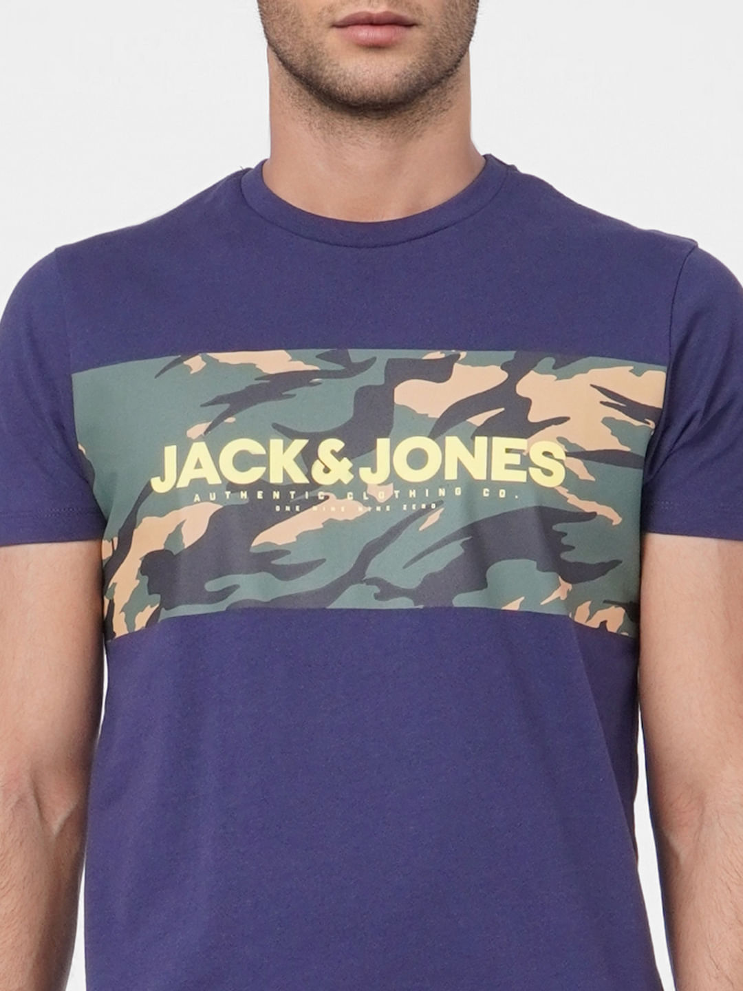 Blue Camo Print Crew Neck T-shirt