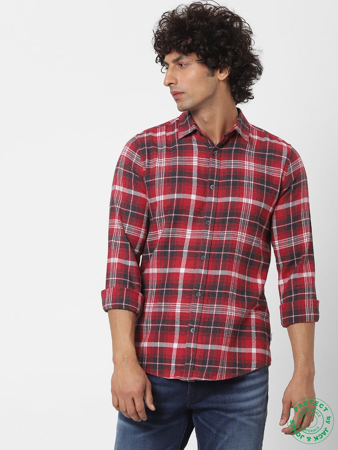 Red Full Sleeves Slim Fit Check Shirt Online in India - Flat 30% Off
