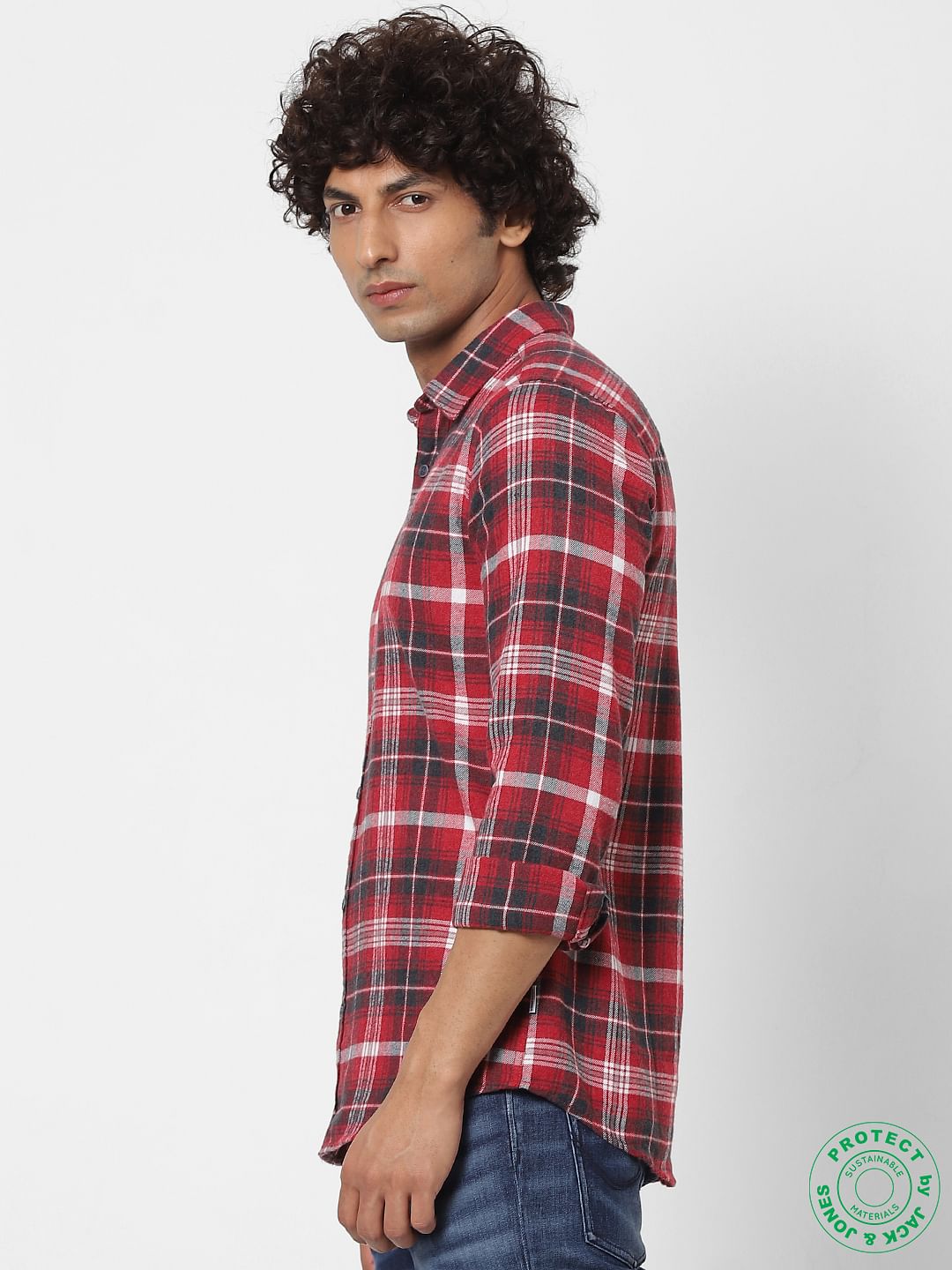 Red Full Sleeves Slim Fit Check Shirt Online in India - Flat 30% Off