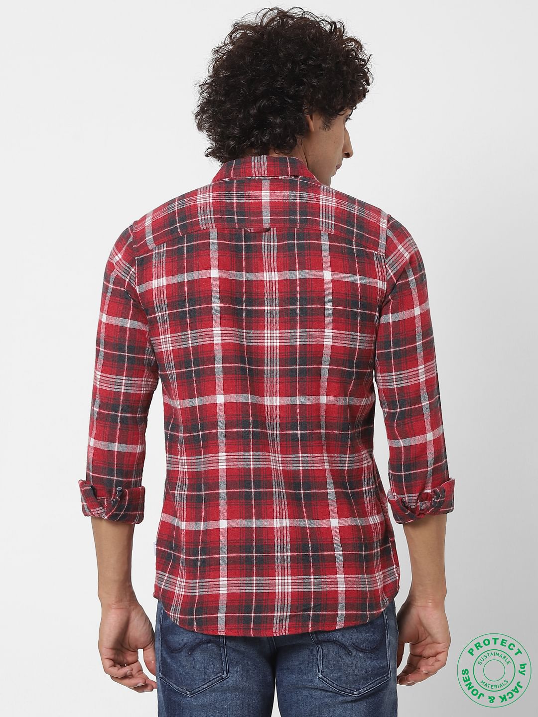 Red Full Sleeves Slim Fit Check Shirt Online in India - Flat 30% Off