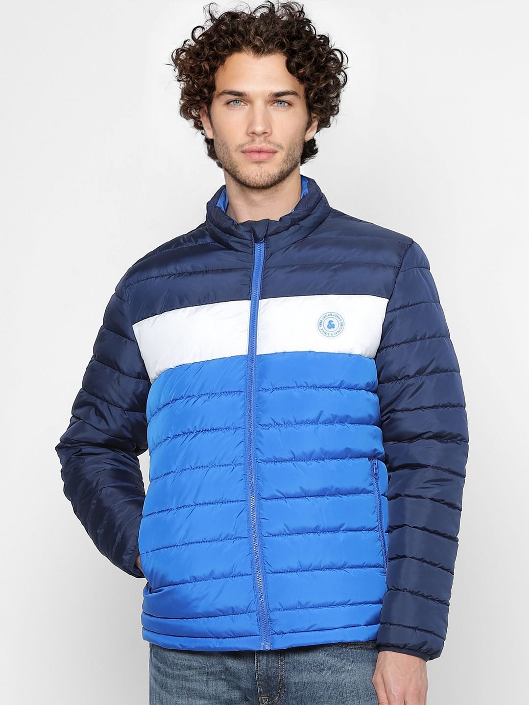 Blue Colourblocked Puffer Jacket