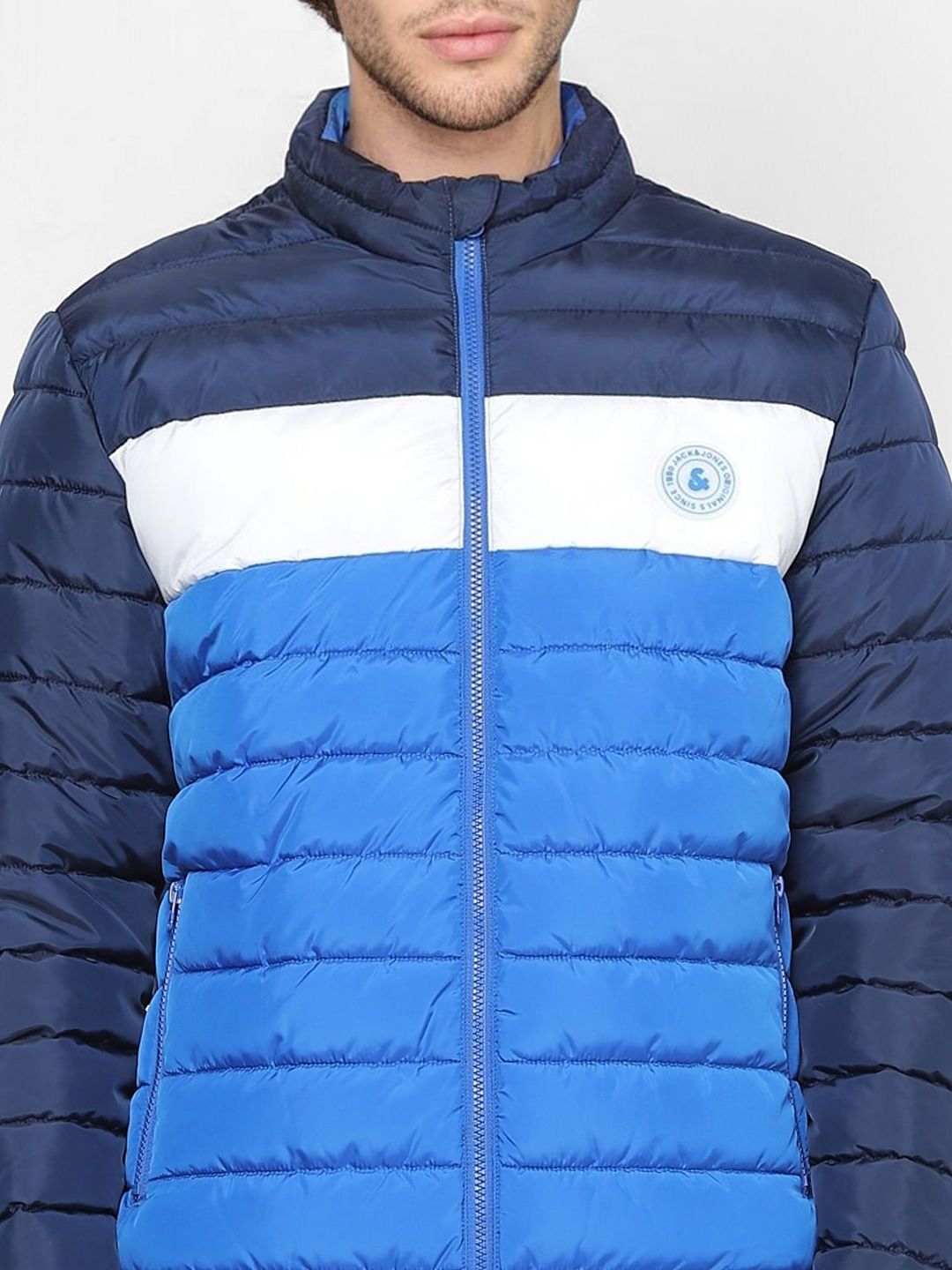 Blue Colourblocked Puffer Jacket