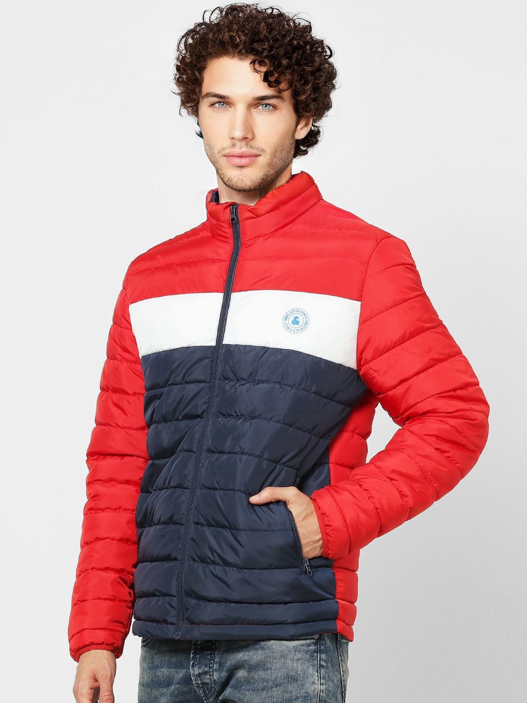 Red Colourblocked Puffer Jacket