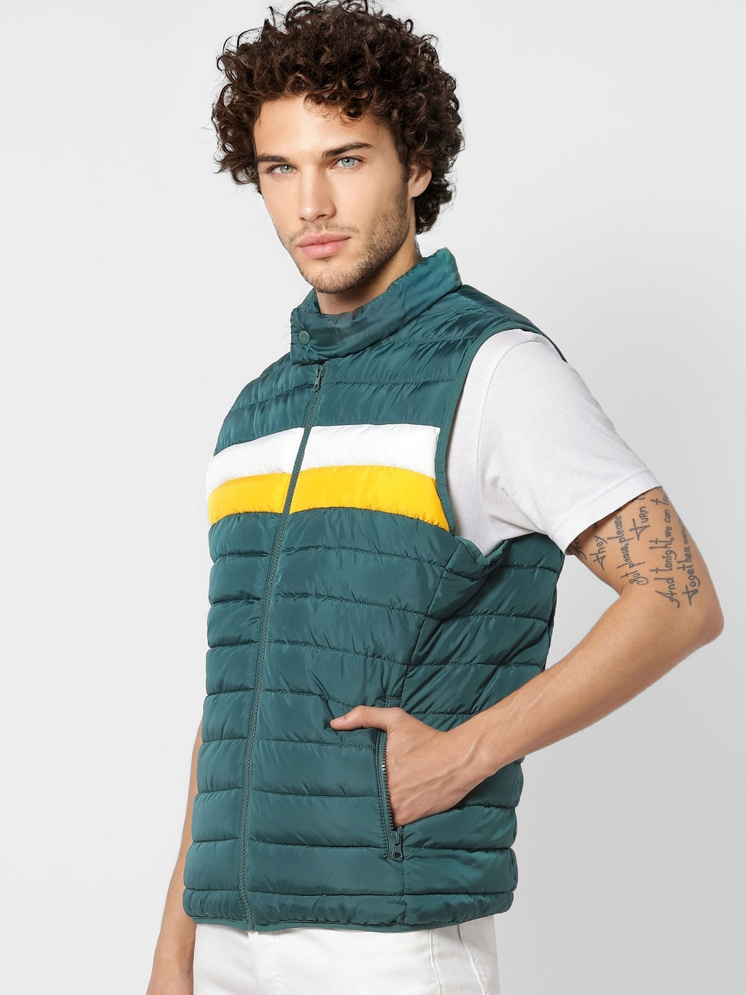 Green Colourblocked High Neck Puffer Jacket