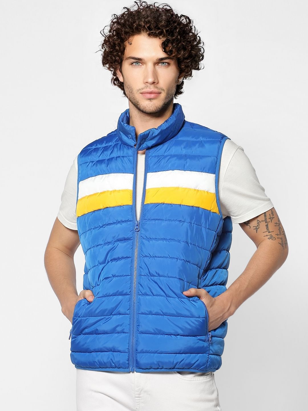 Blue Colourblocked Sleeveless Puffer Jacket