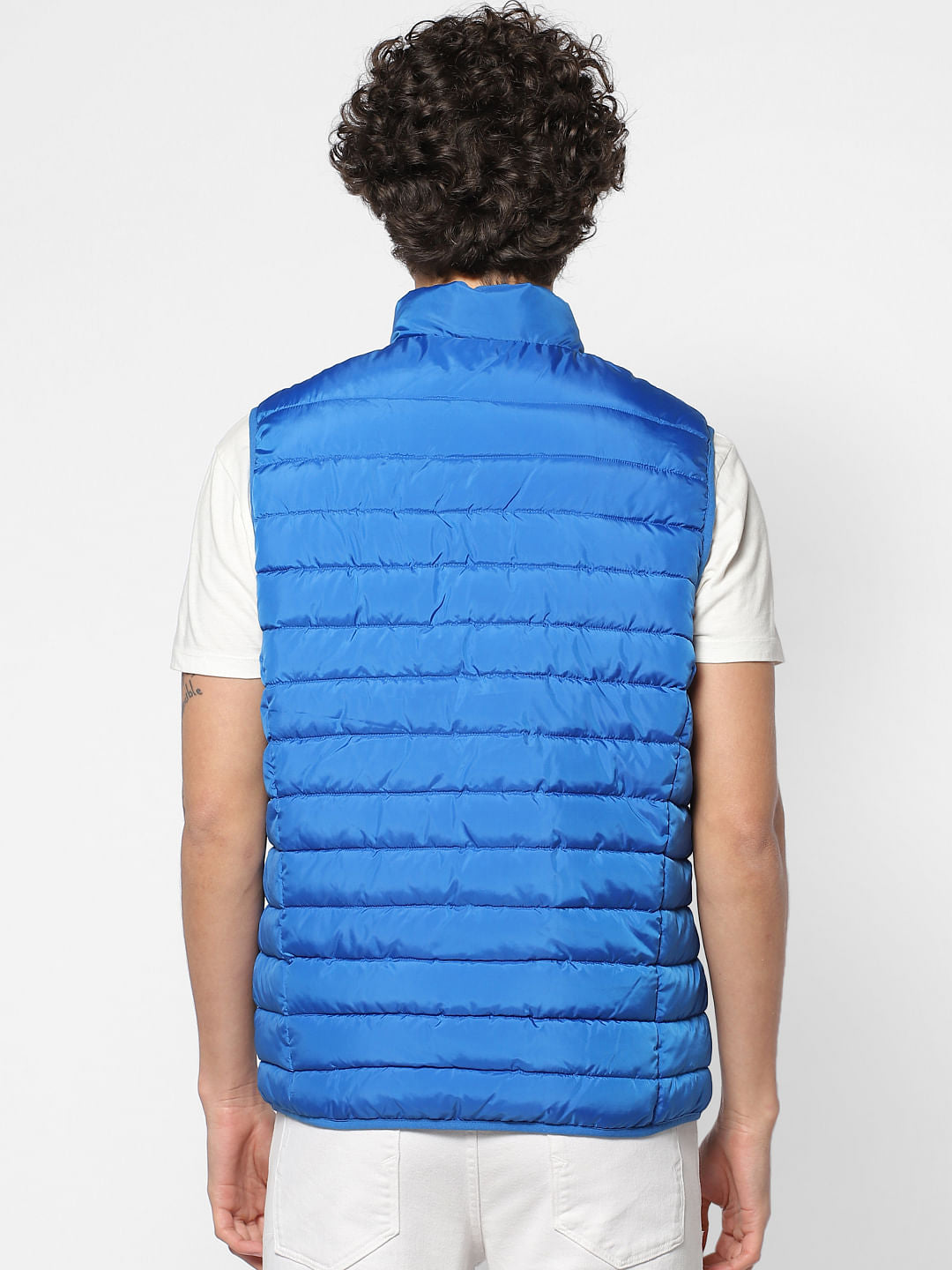 Blue Colourblocked Sleeveless Puffer Jacket