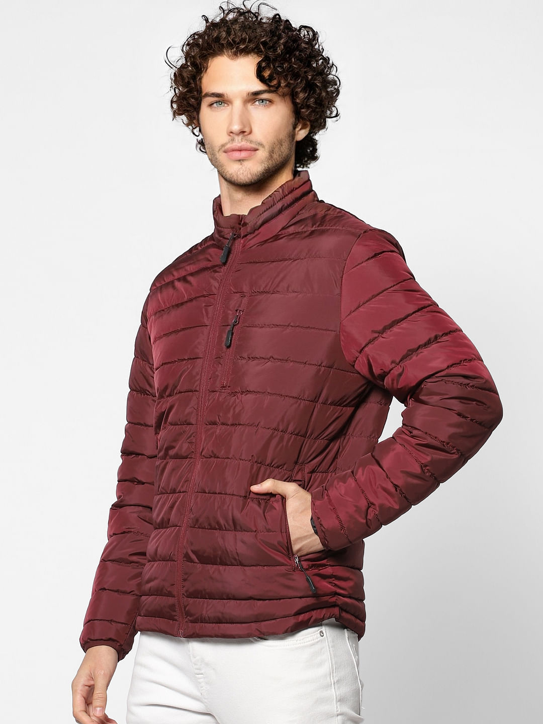Burgundy Stand Up Collar Puffer Jacket