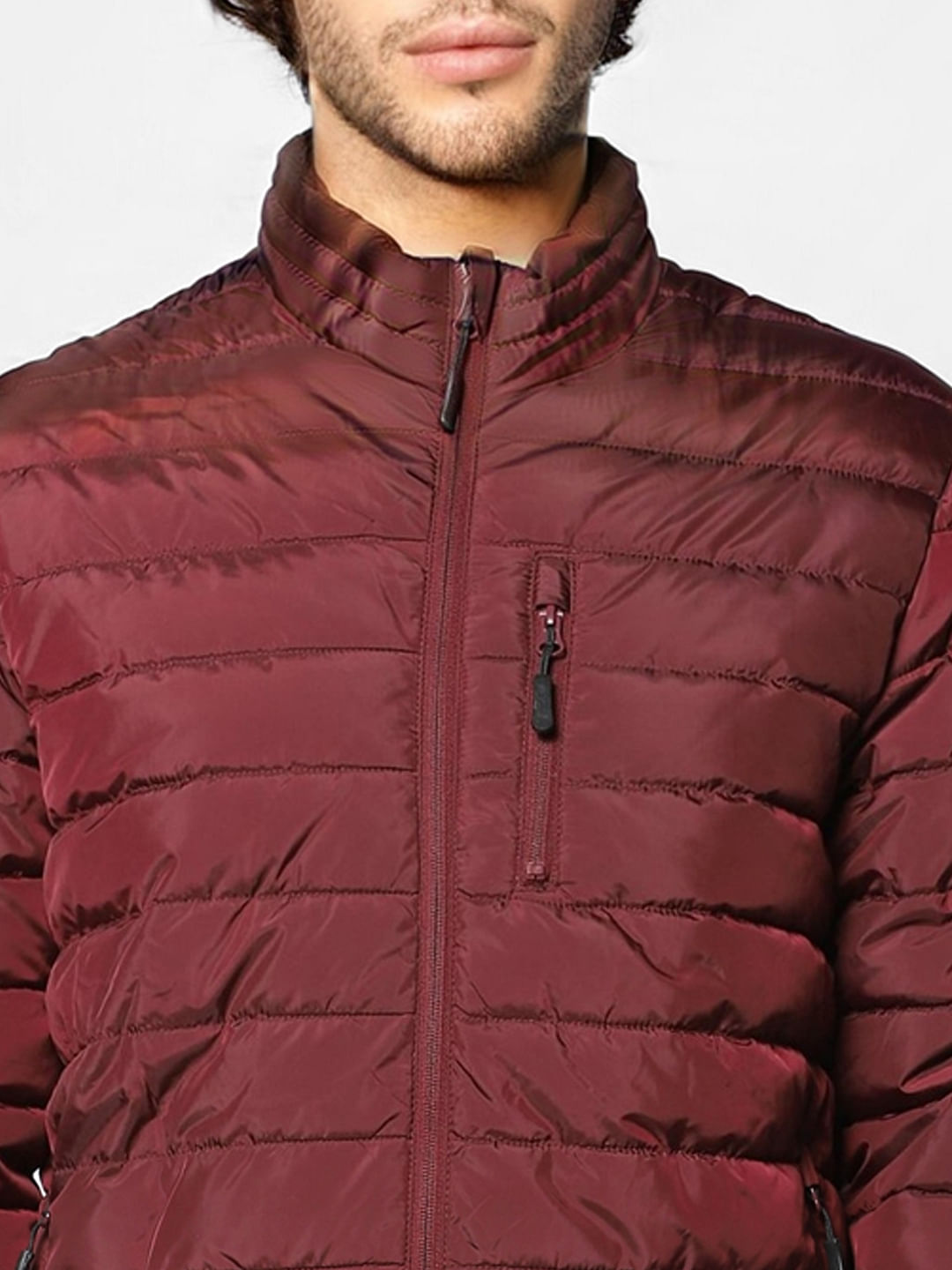Burgundy Stand Up Collar Puffer Jacket