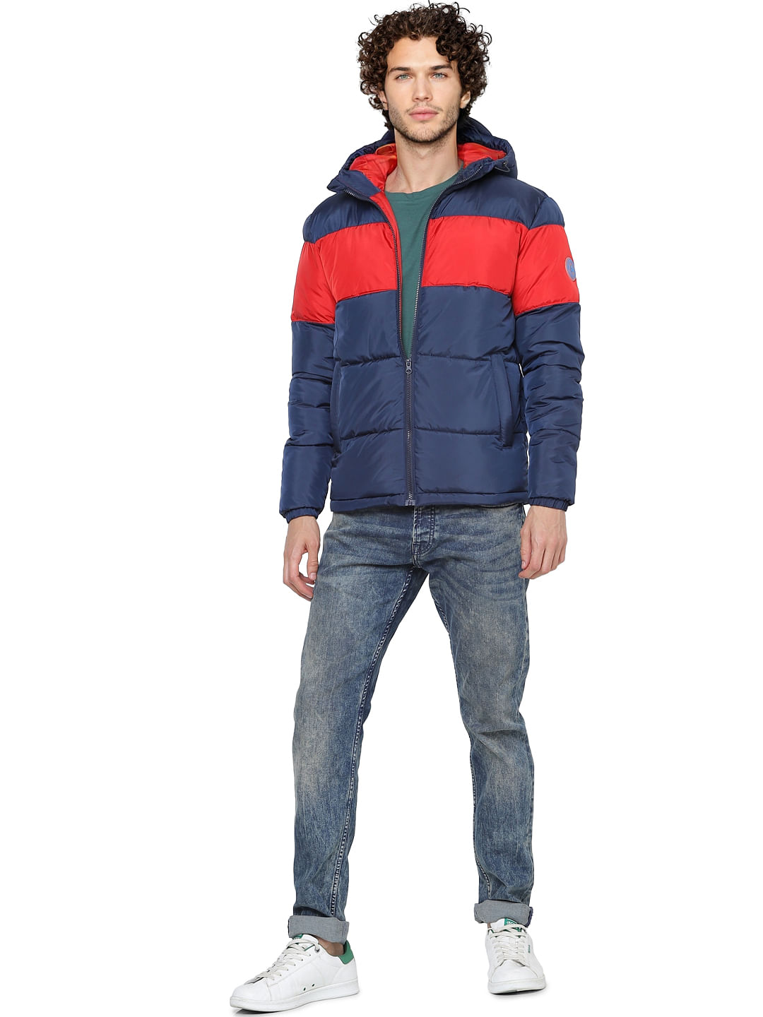 Blue Colourblocked Puffer Jacket