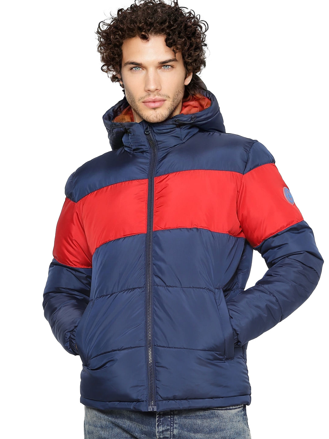 Blue Colourblocked Puffer Jacket