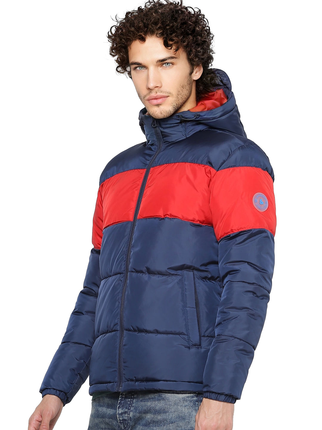 Blue Colourblocked Puffer Jacket