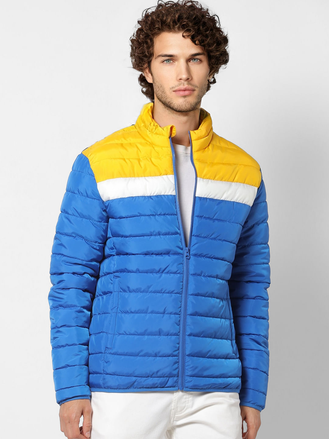 Blue Colourblocked Puffer Jacket