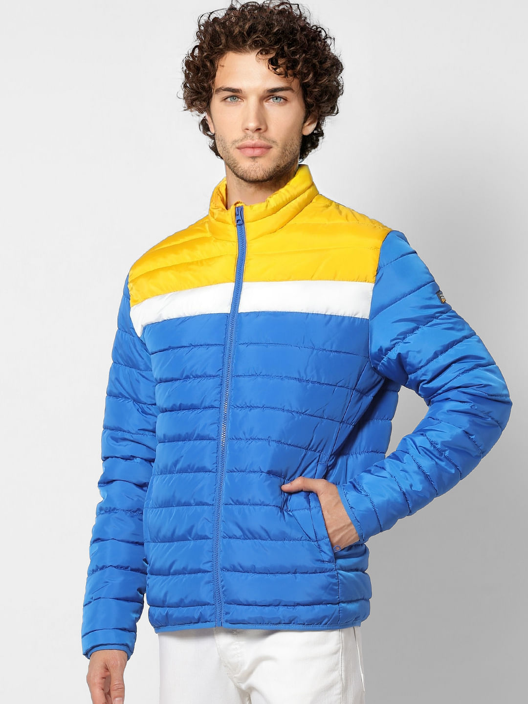 Blue Colourblocked Puffer Jacket