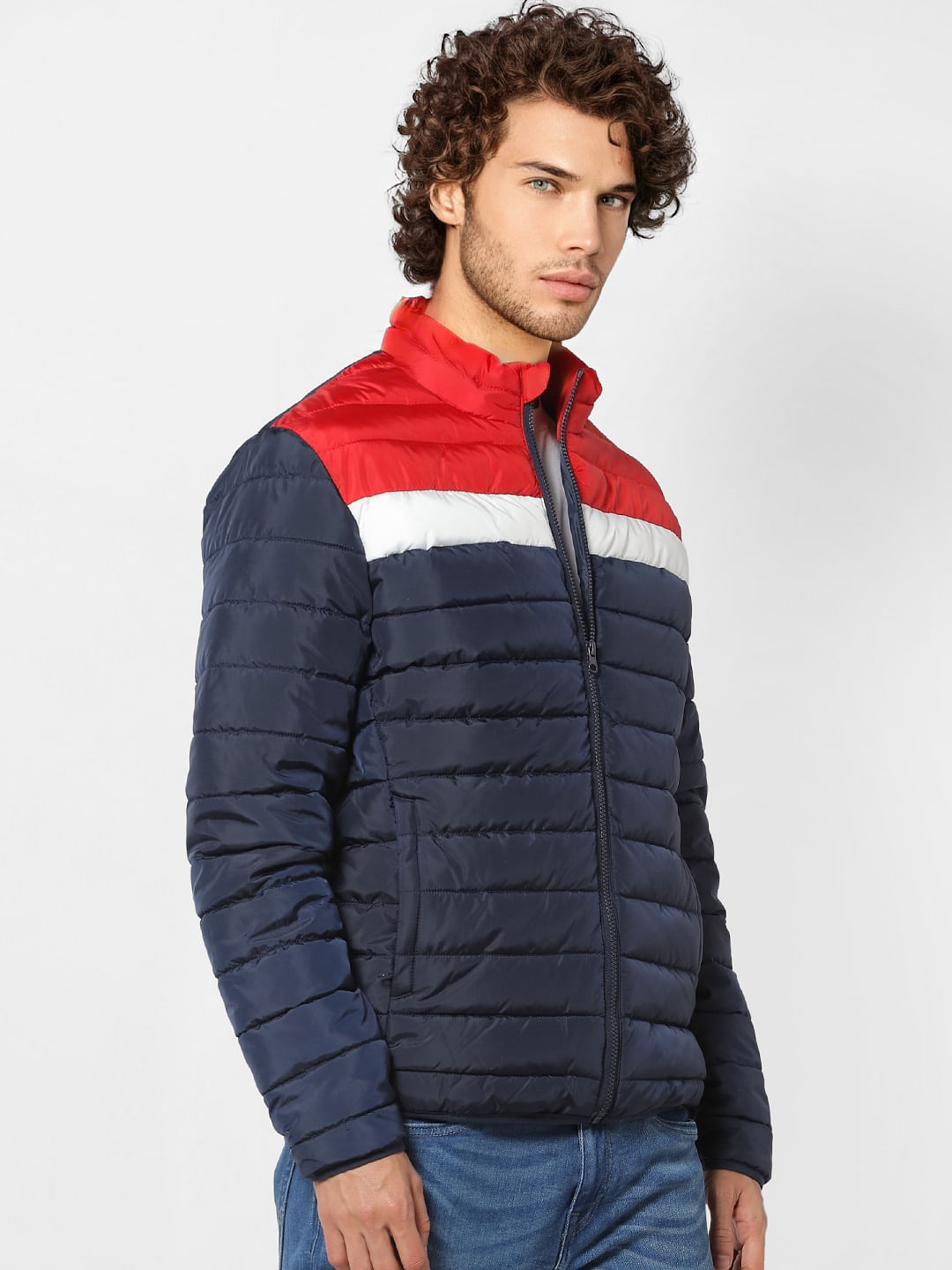 Blue Colourblocked Puffer Jacket