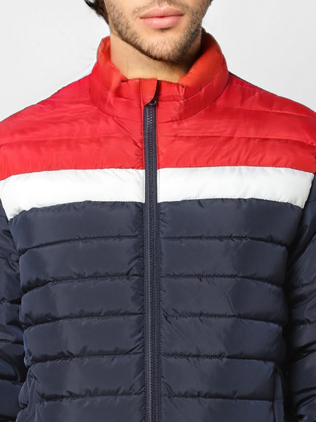 Blue Colourblocked Puffer Jacket