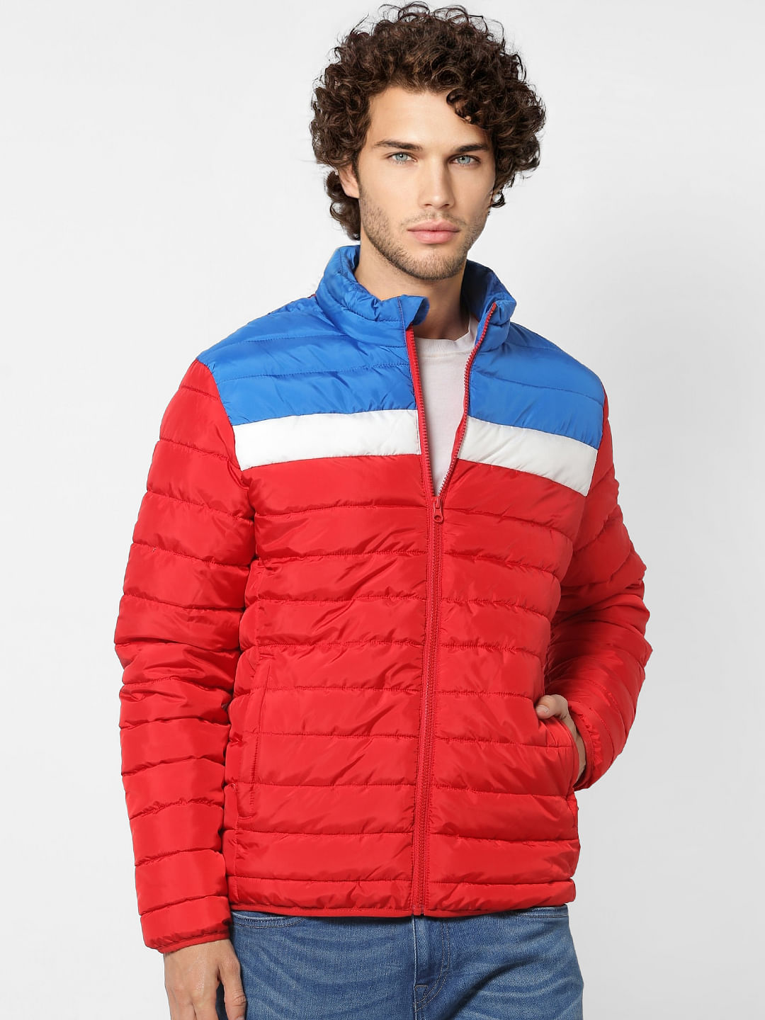 Red Colourblocked Puffer Jacket