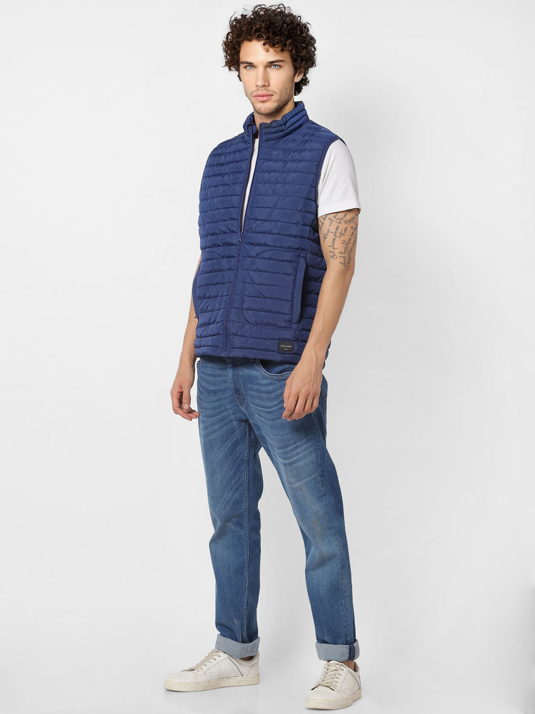 Blue Sleeveless High Neck Puffer Jacket