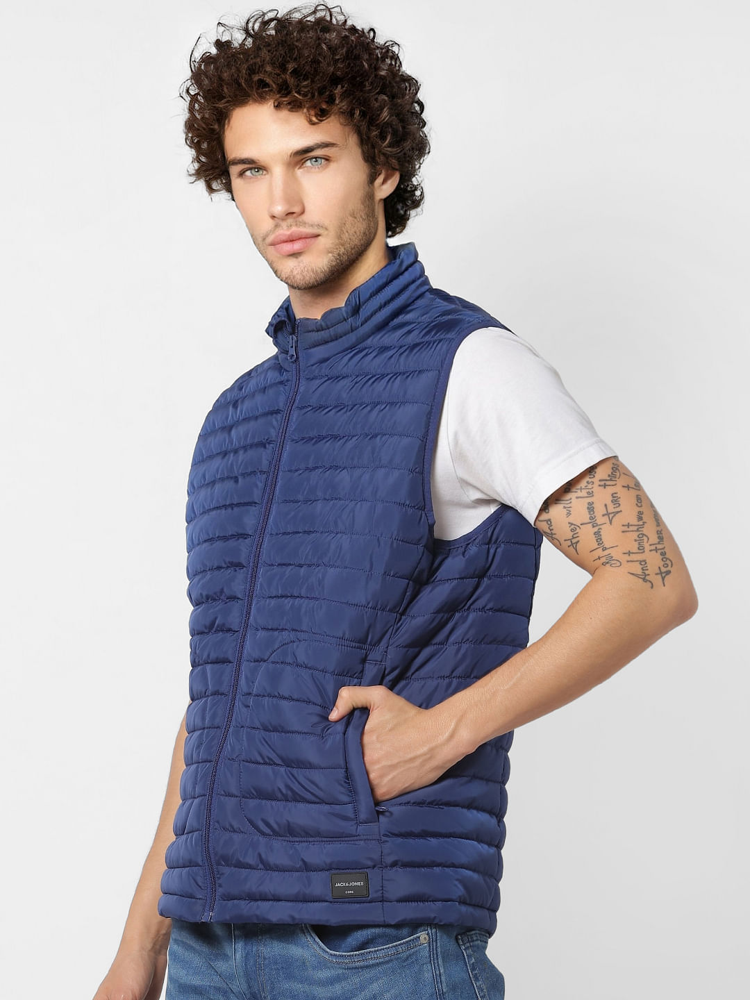 Blue Sleeveless High Neck Puffer Jacket
