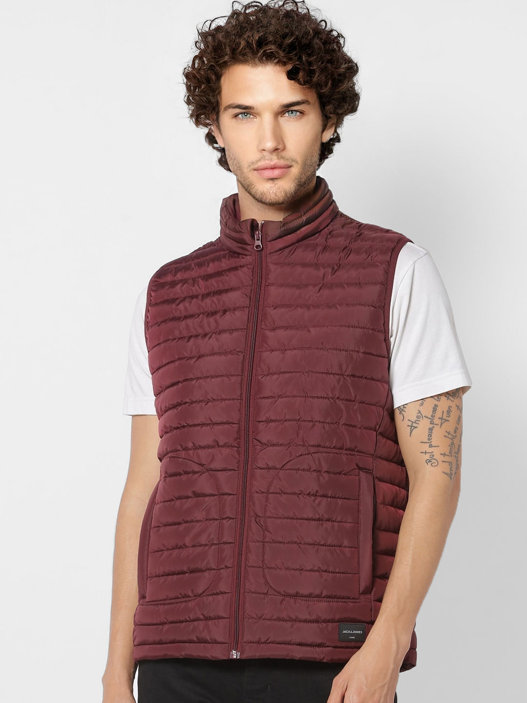 Maroon Sleeveless High Neck Puffer Jacket