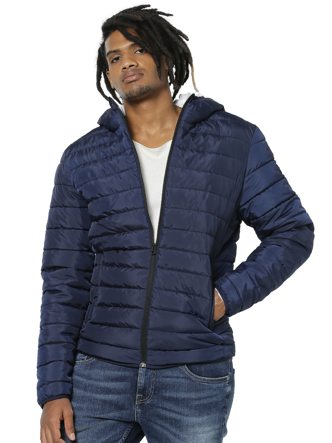 Blue Colourblocked Puffer Jacket