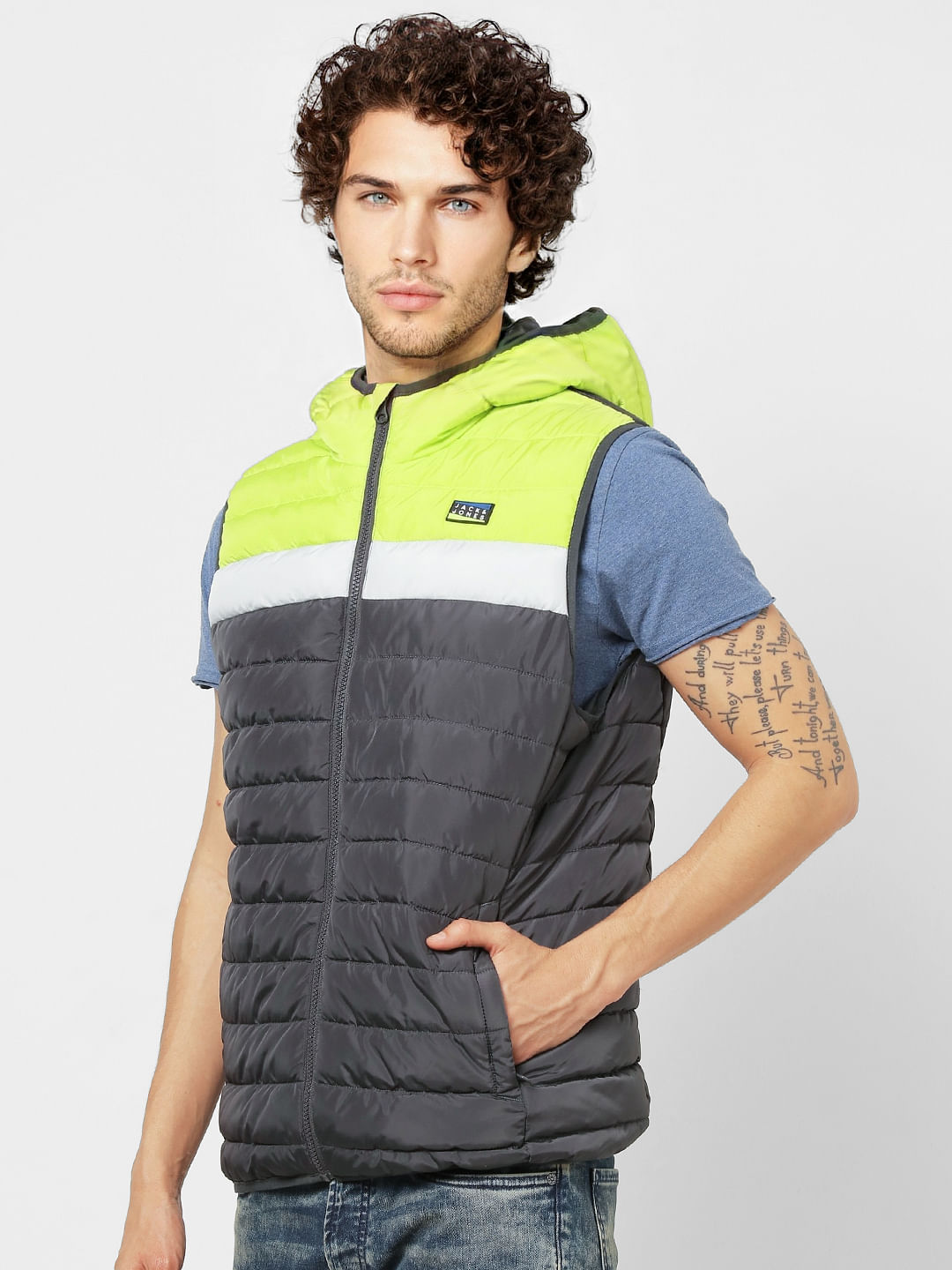 Dark Grey Sleeveless Hooded Puffer Jacket