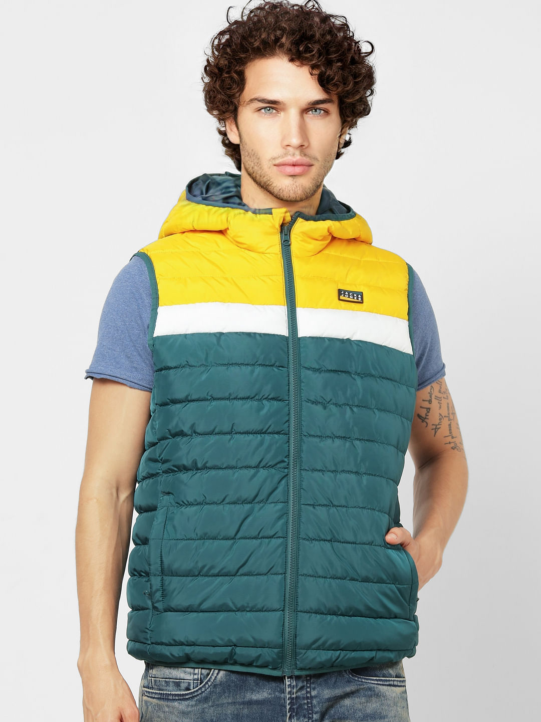 Green Colourblocked Hooded Puffer Jacket