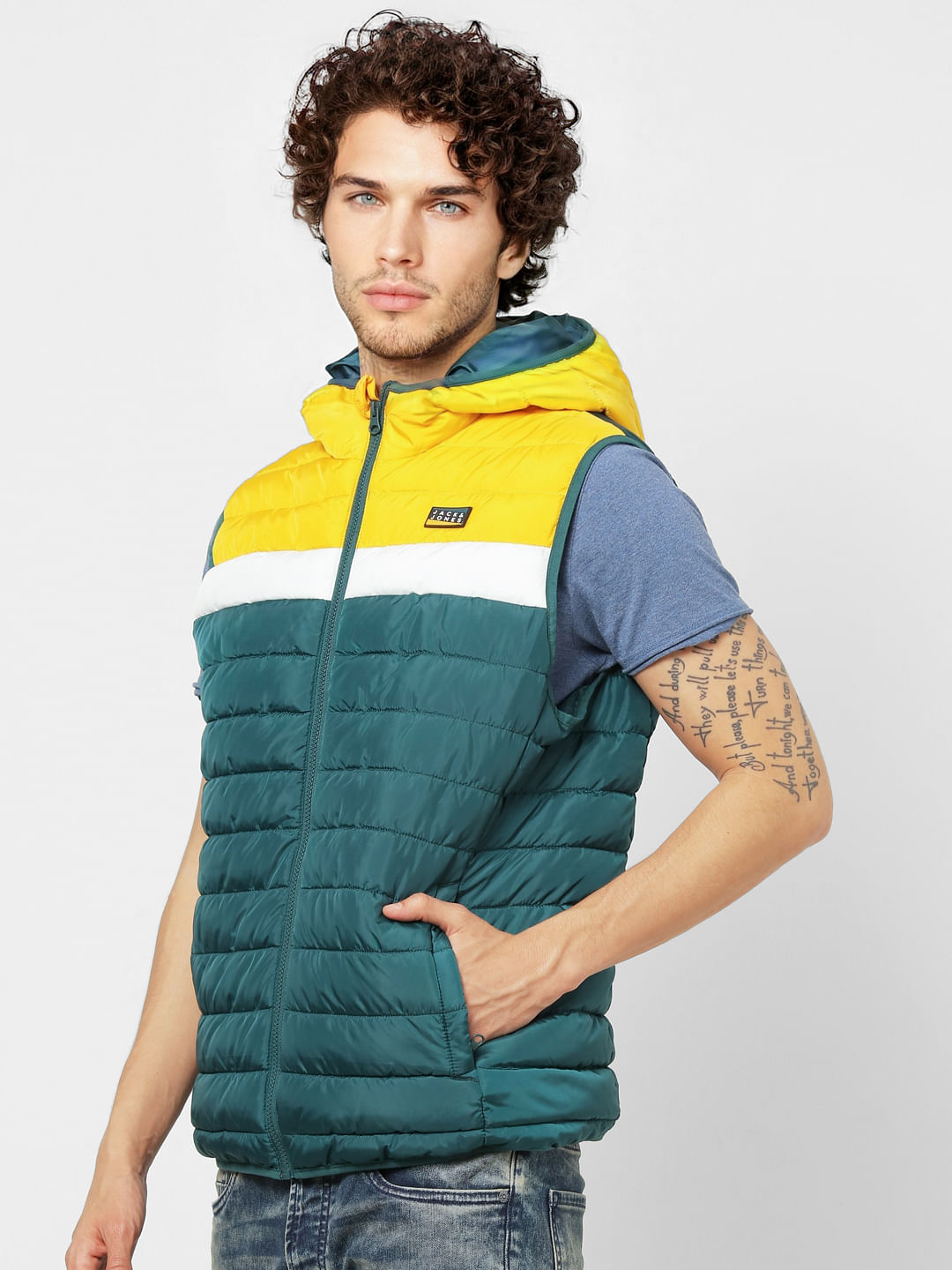 Green Colourblocked Hooded Puffer Jacket