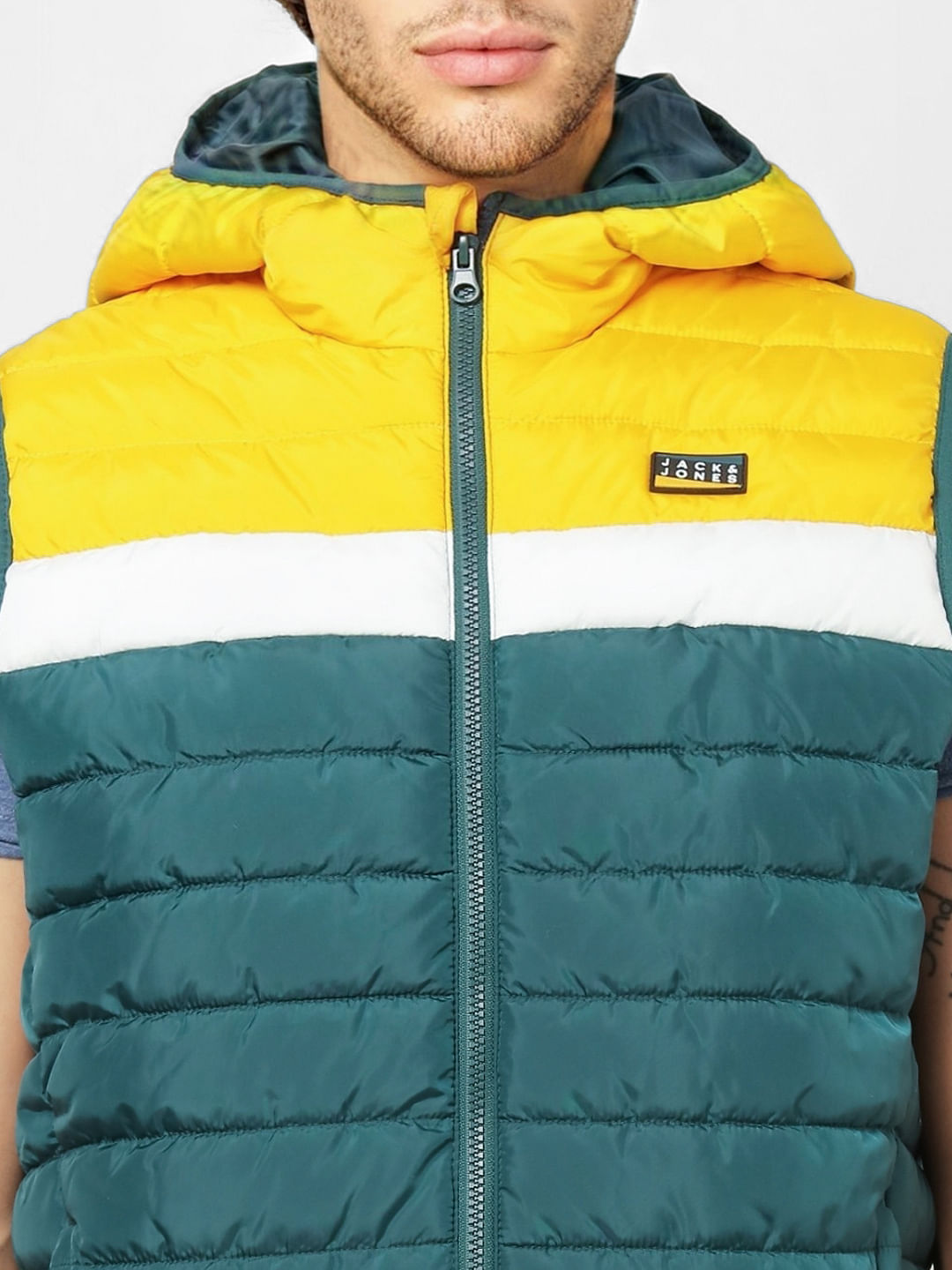Green Colourblocked Hooded Puffer Jacket