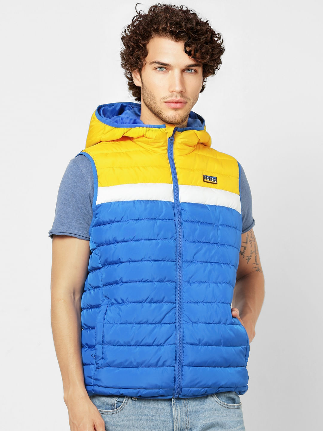 Blue Colourblocked Hooded Puffer Jacket