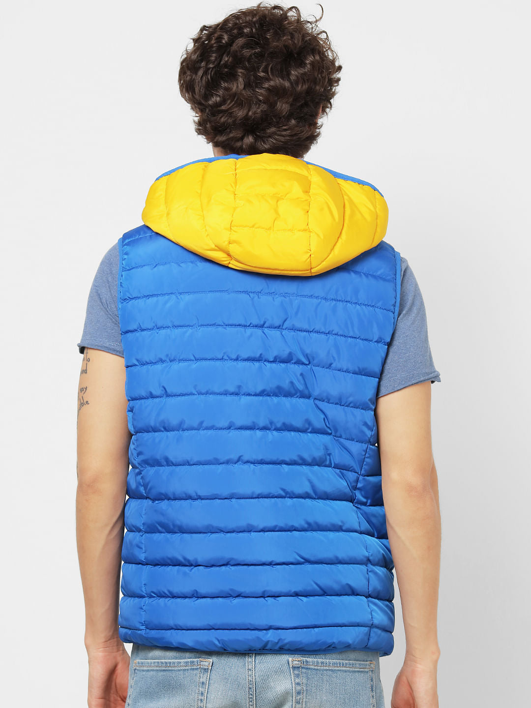 Blue Colourblocked Hooded Puffer Jacket