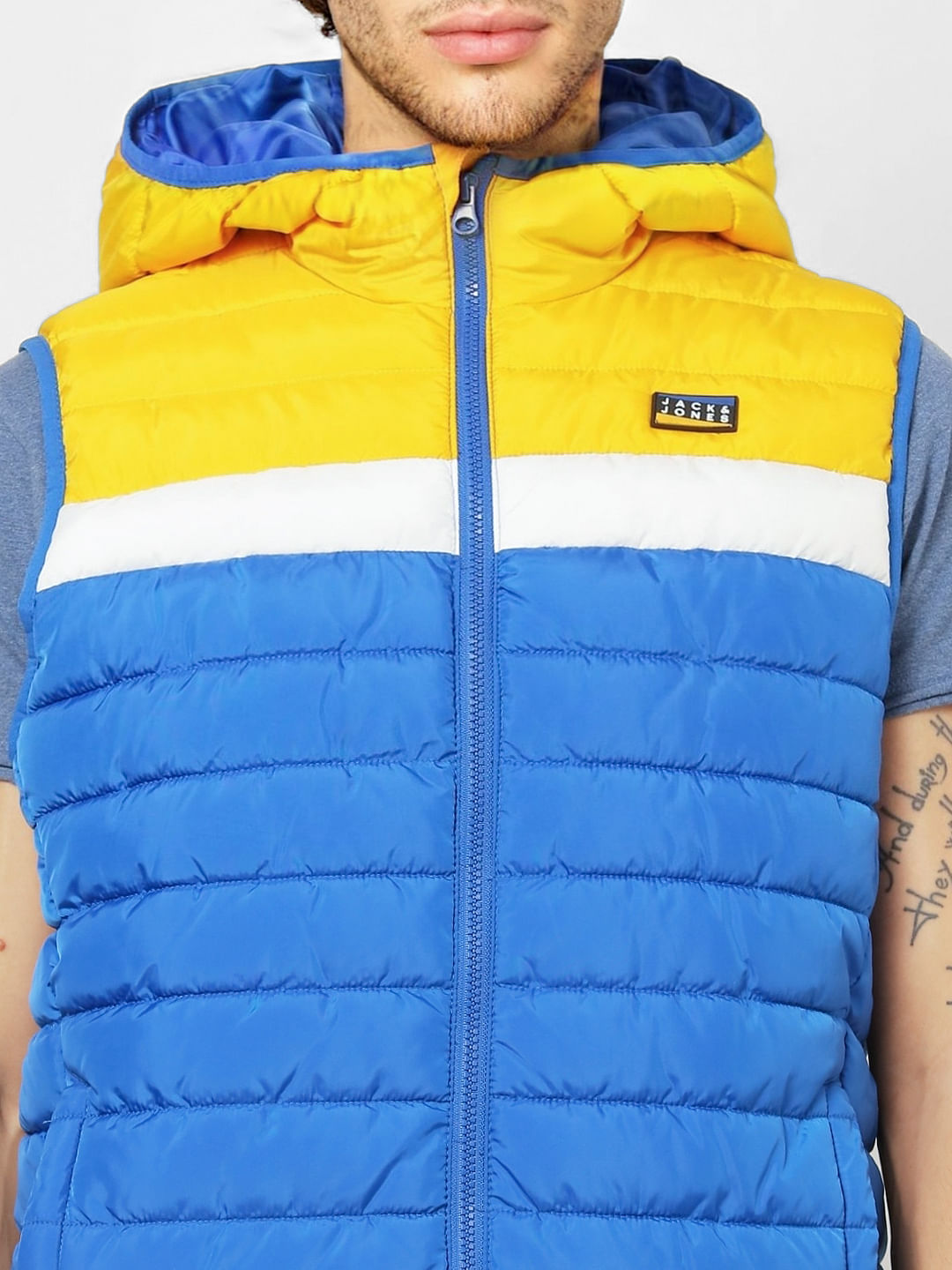 Blue Colourblocked Hooded Puffer Jacket