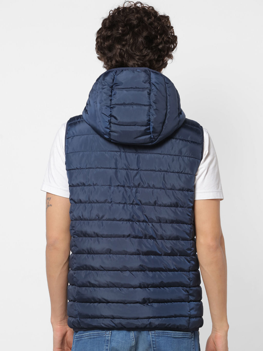 Blue Sleeveless Hooded Puffer Jacket