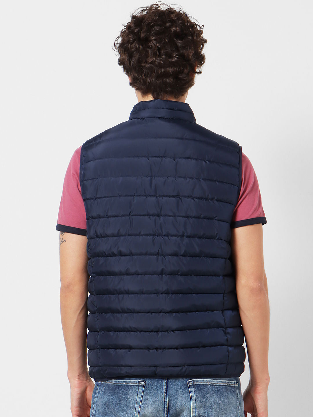 Navy Blue High Neck Sleeveless Puffer Jacket