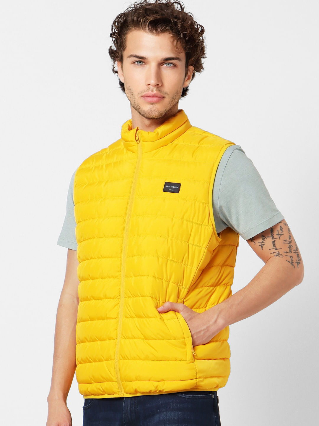 Yellow High Neck Sleeveless Puffer Jacket