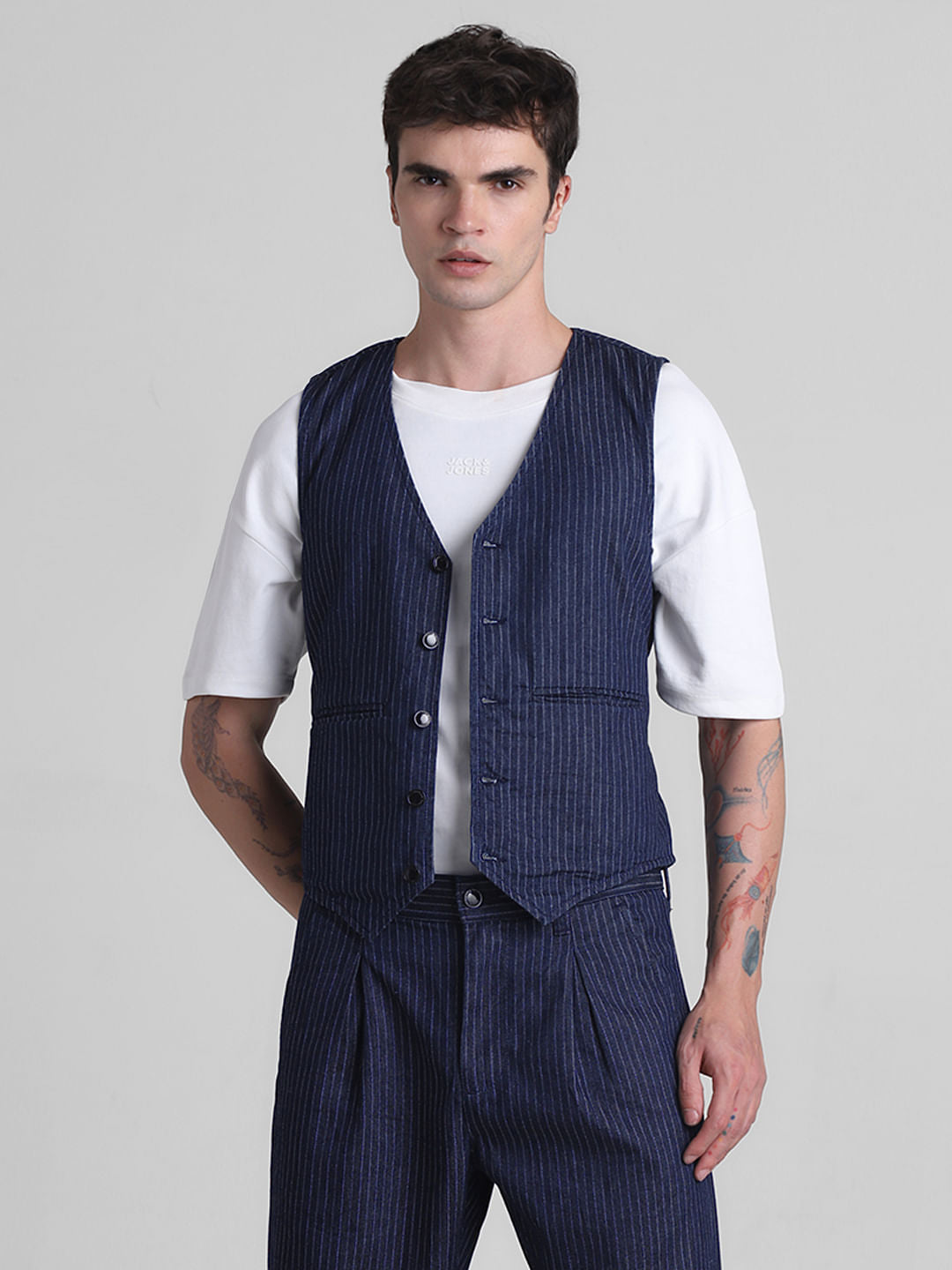 Blue Striped Co-ord Set Denim Waistcoat
