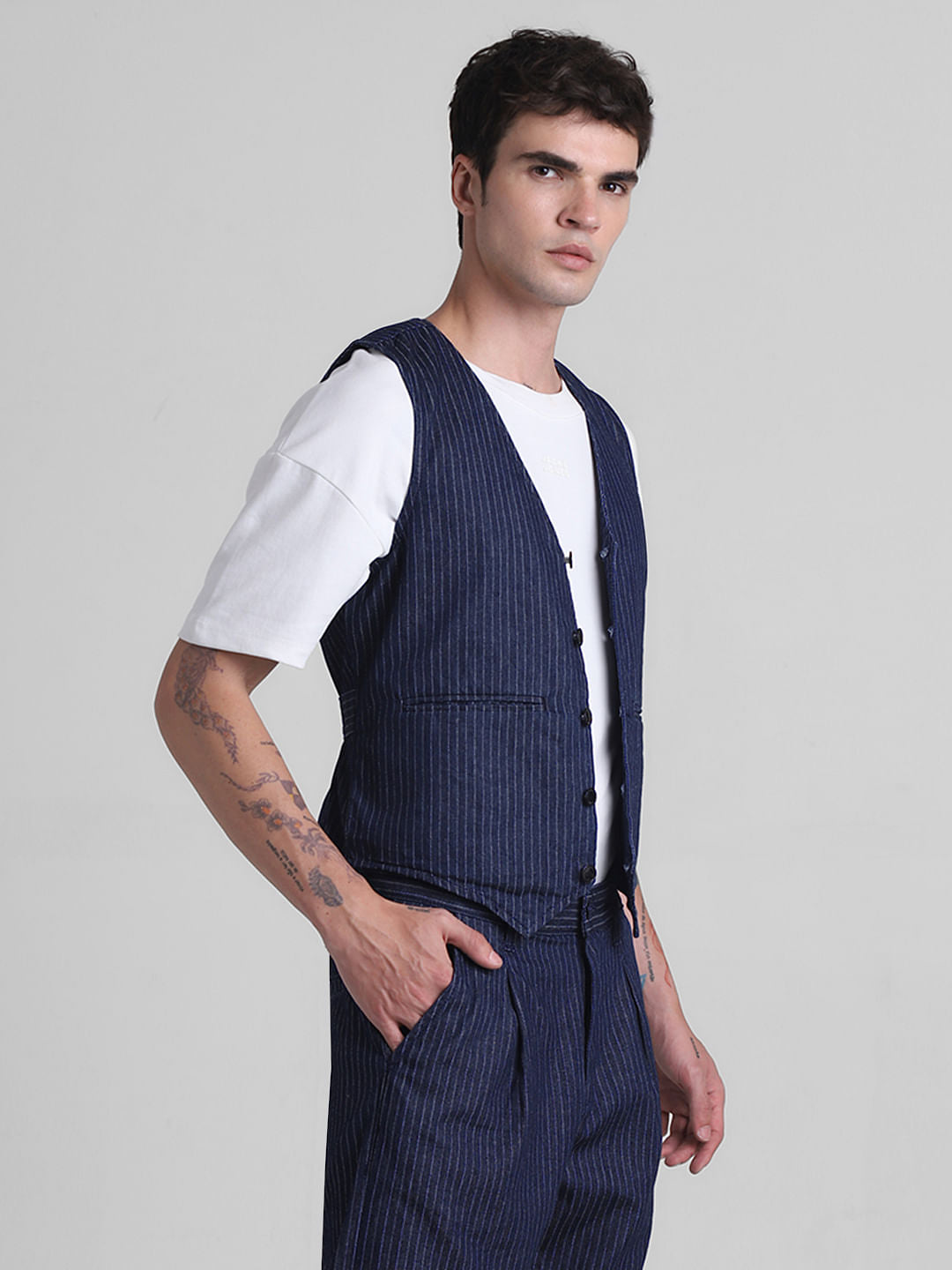 Blue Striped Co-ord Set Denim Waistcoat