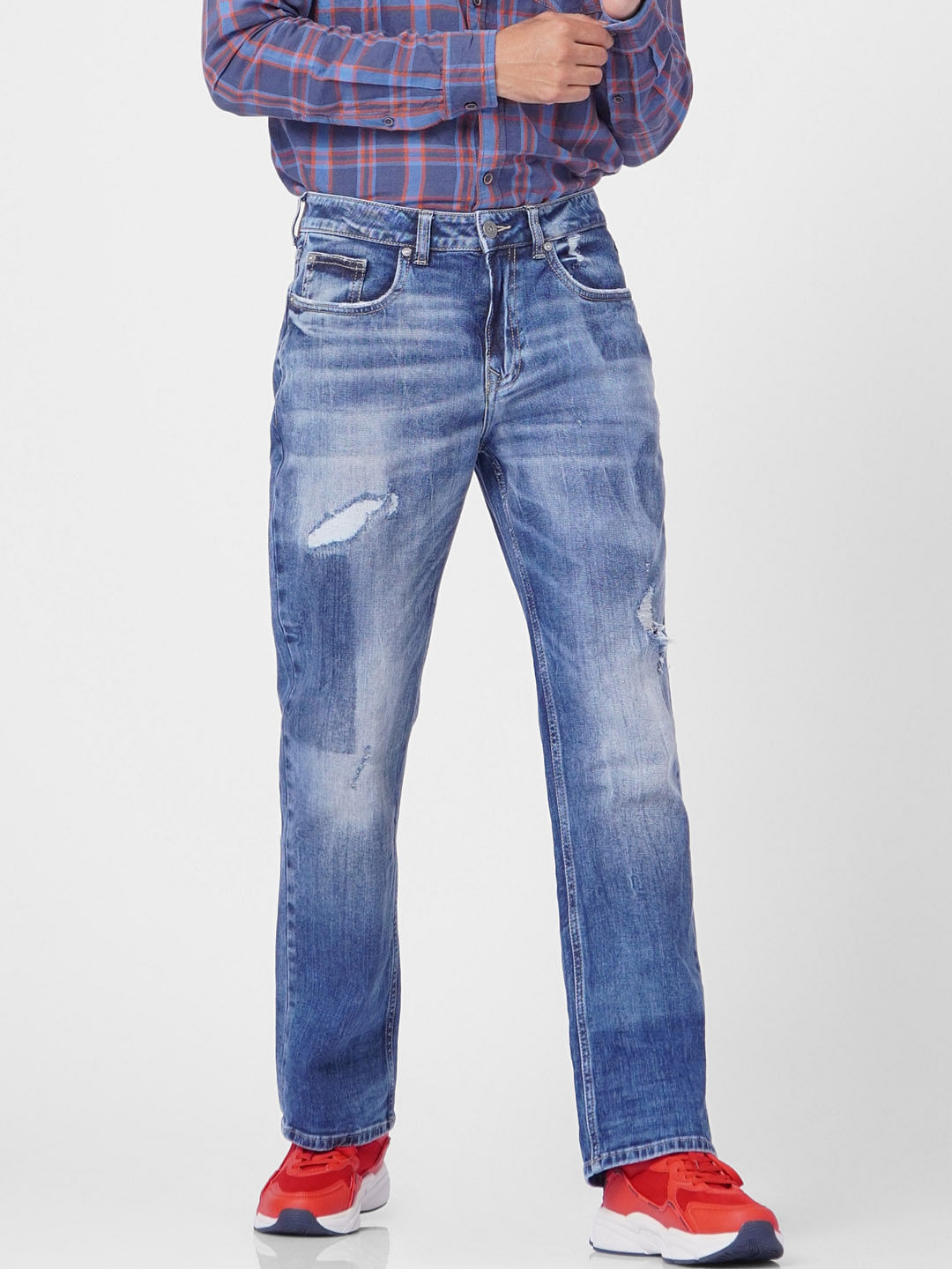 Blue High Rise Torn Bootcut Jeans
