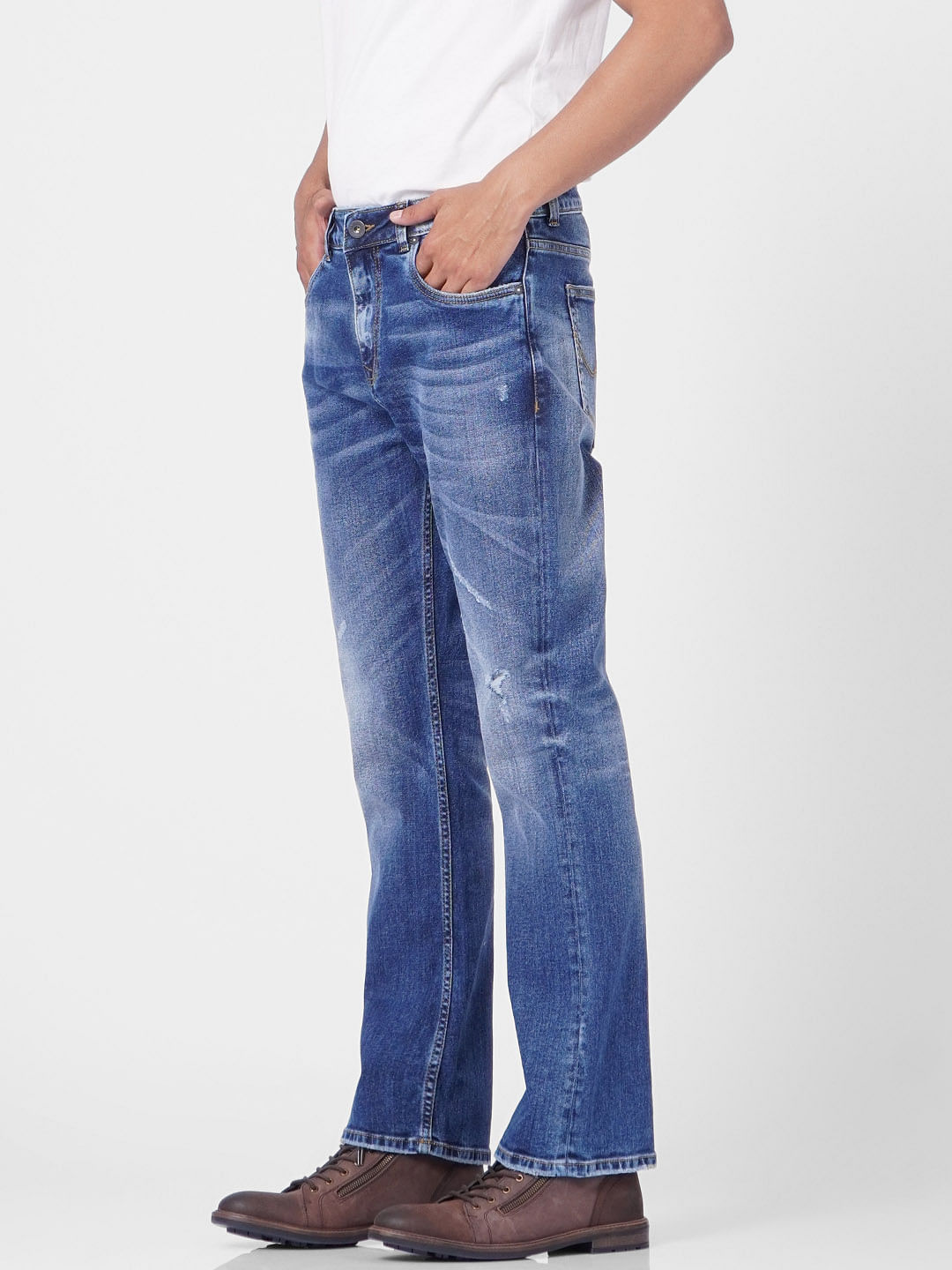 Blue High Rise Torn Bootcut Jeans