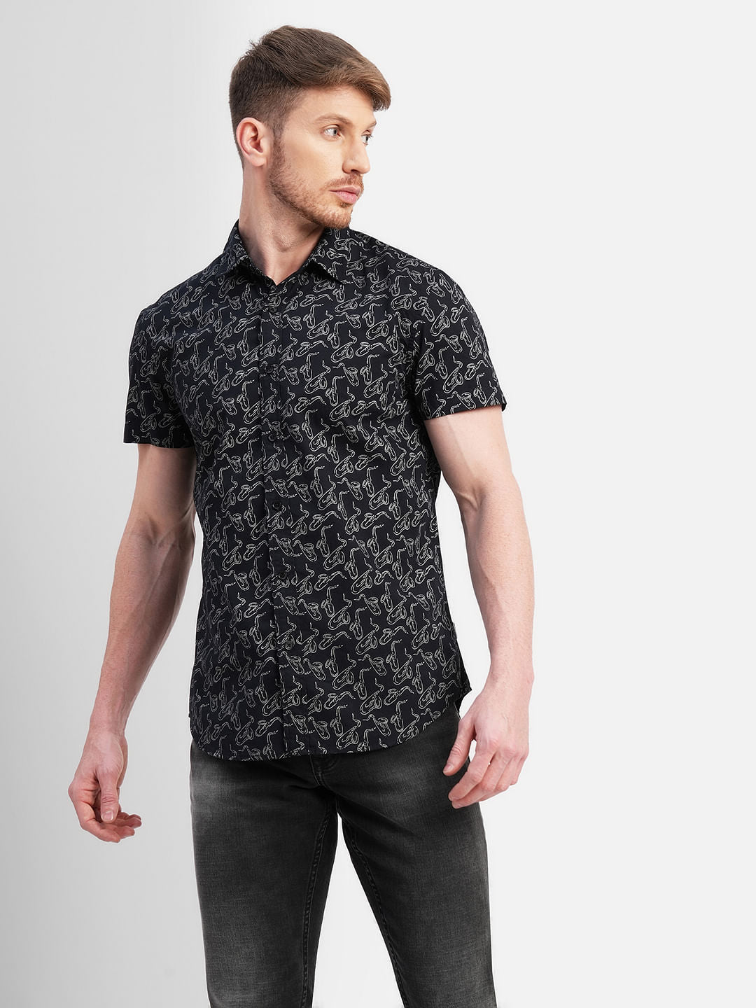 Black All Over Print Short Sleeves Shirt
