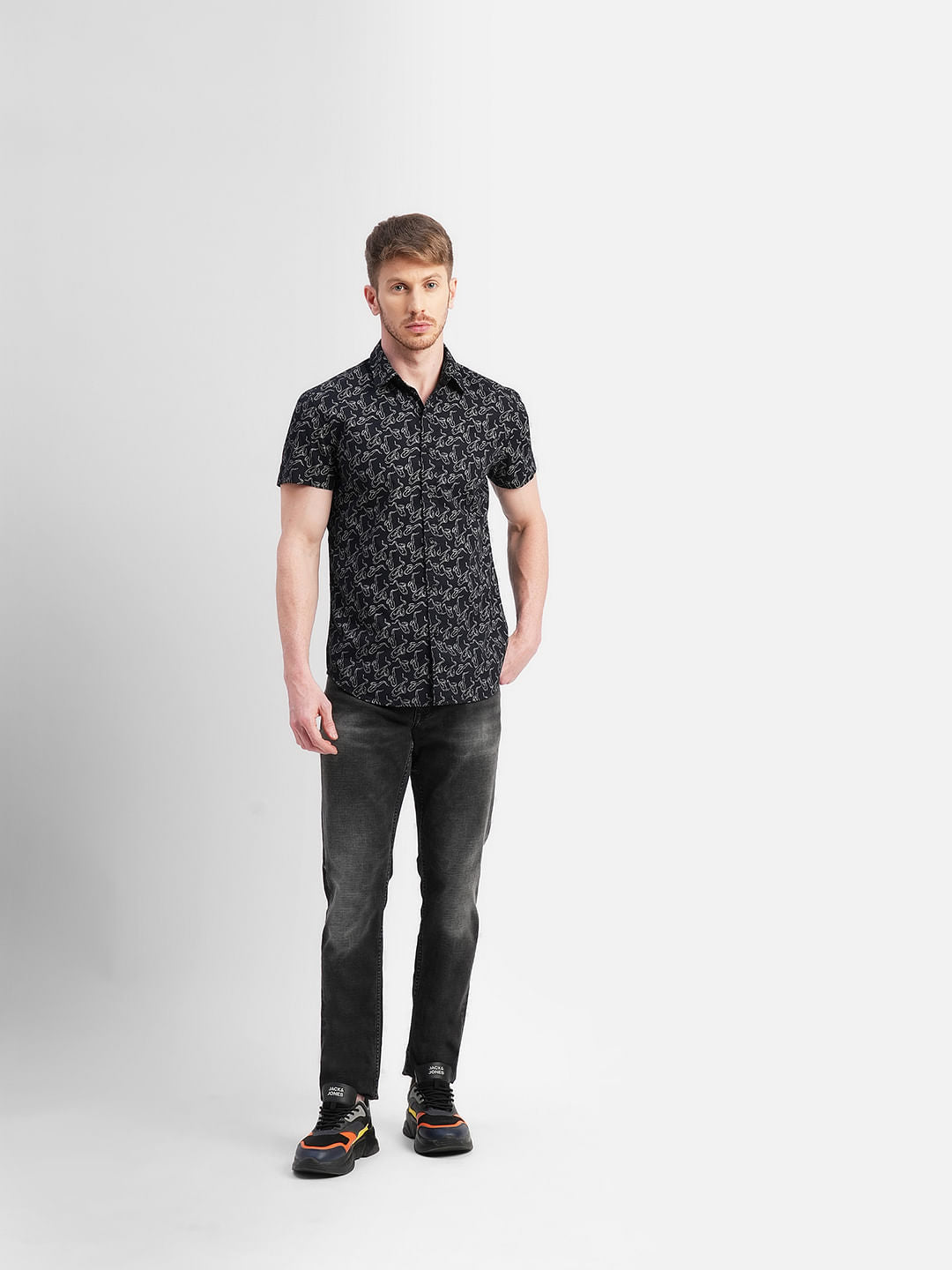 Black All Over Print Short Sleeves Shirt
