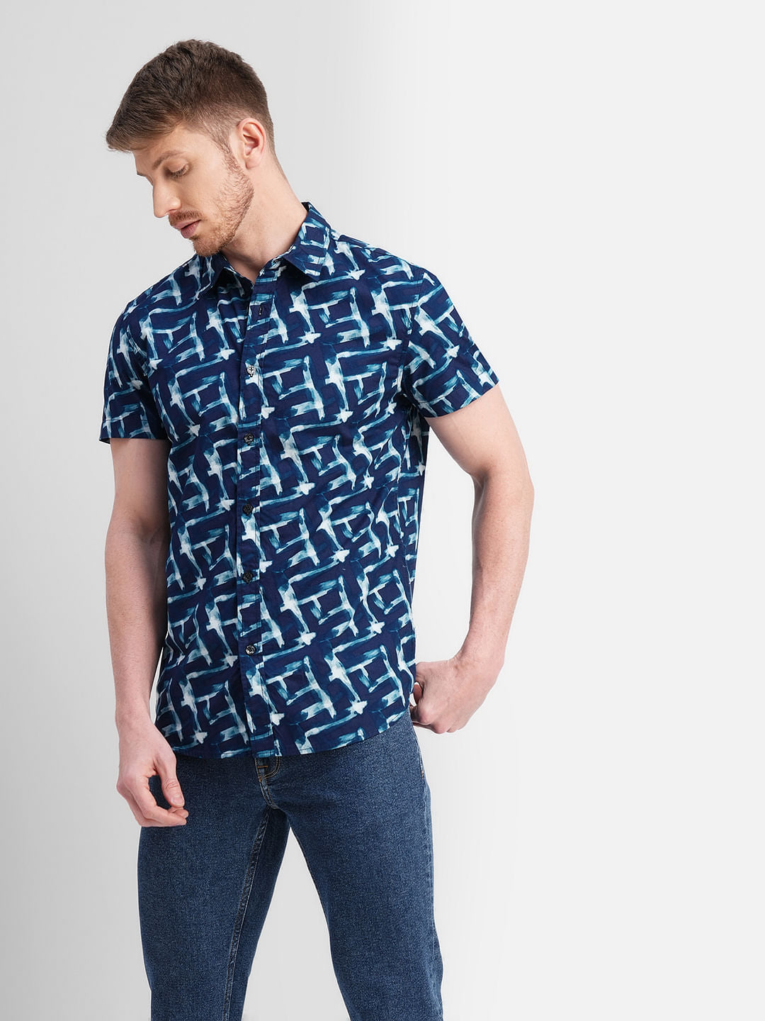 Blue Abstract Print Short Sleeves Shirt