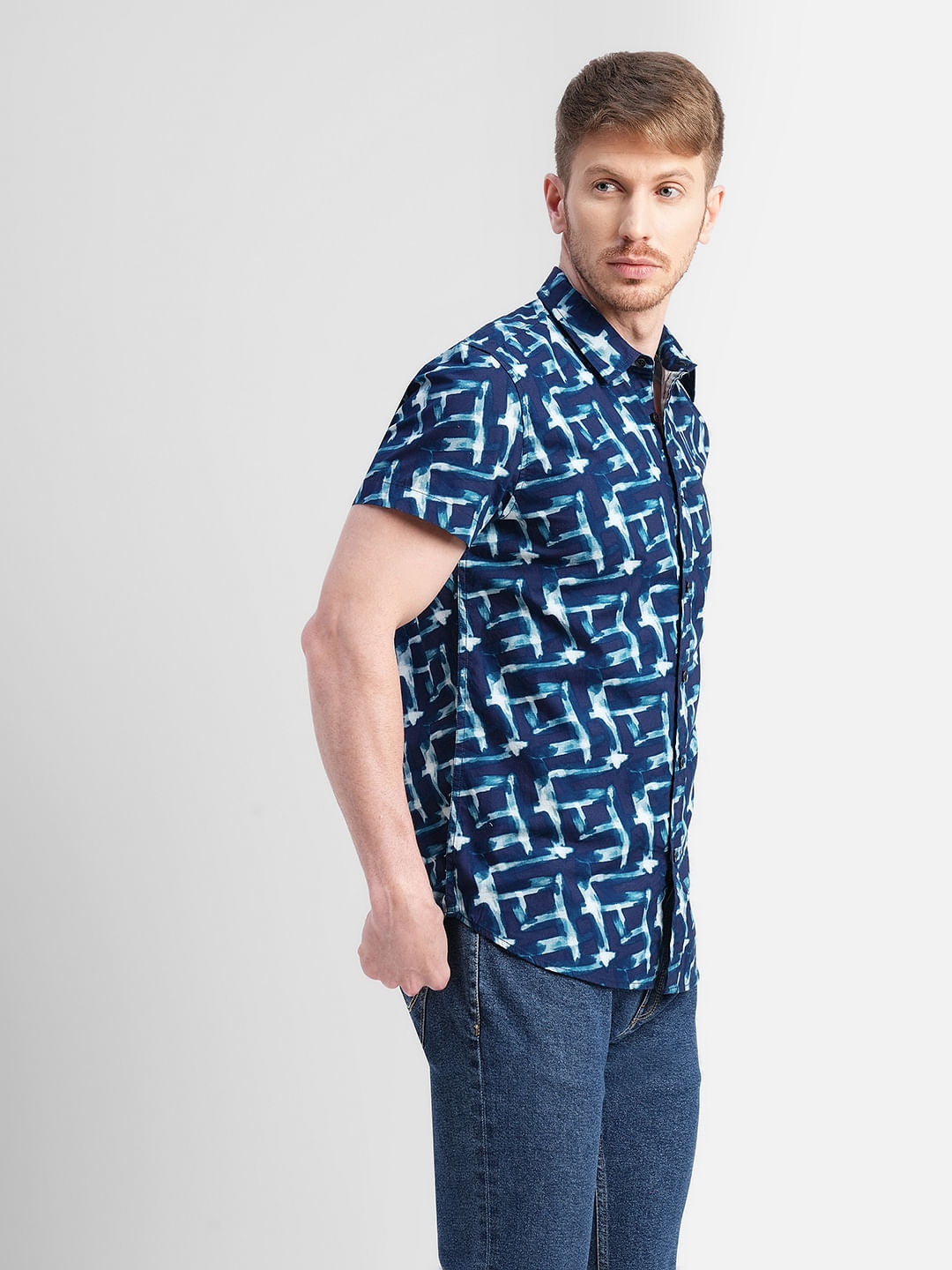 Blue Abstract Print Short Sleeves Shirt