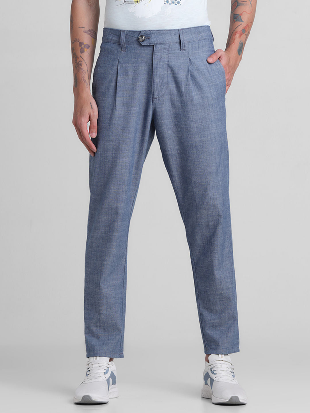 Blue Mid Rise Cotton Pants