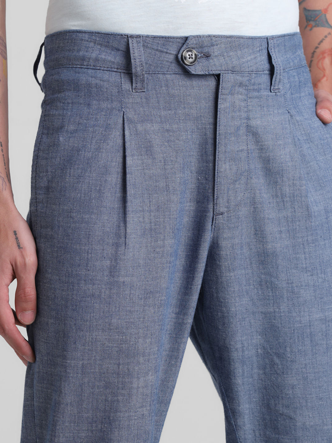 Blue Mid Rise Cotton Pants